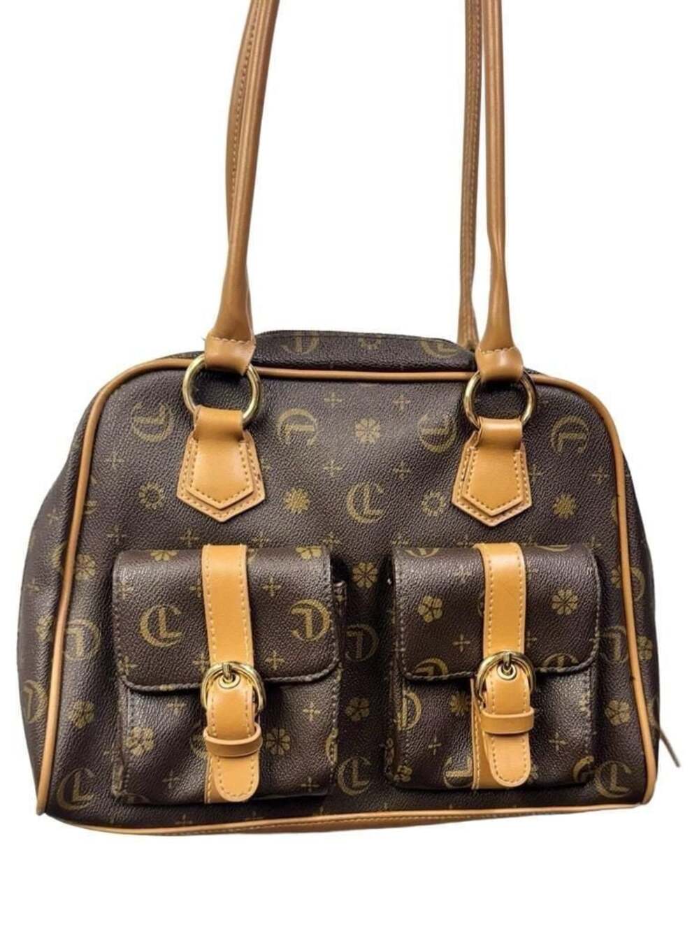 CL America Monogram Brown Faux Leather Satchel Shoulder Bag with Front Pockets